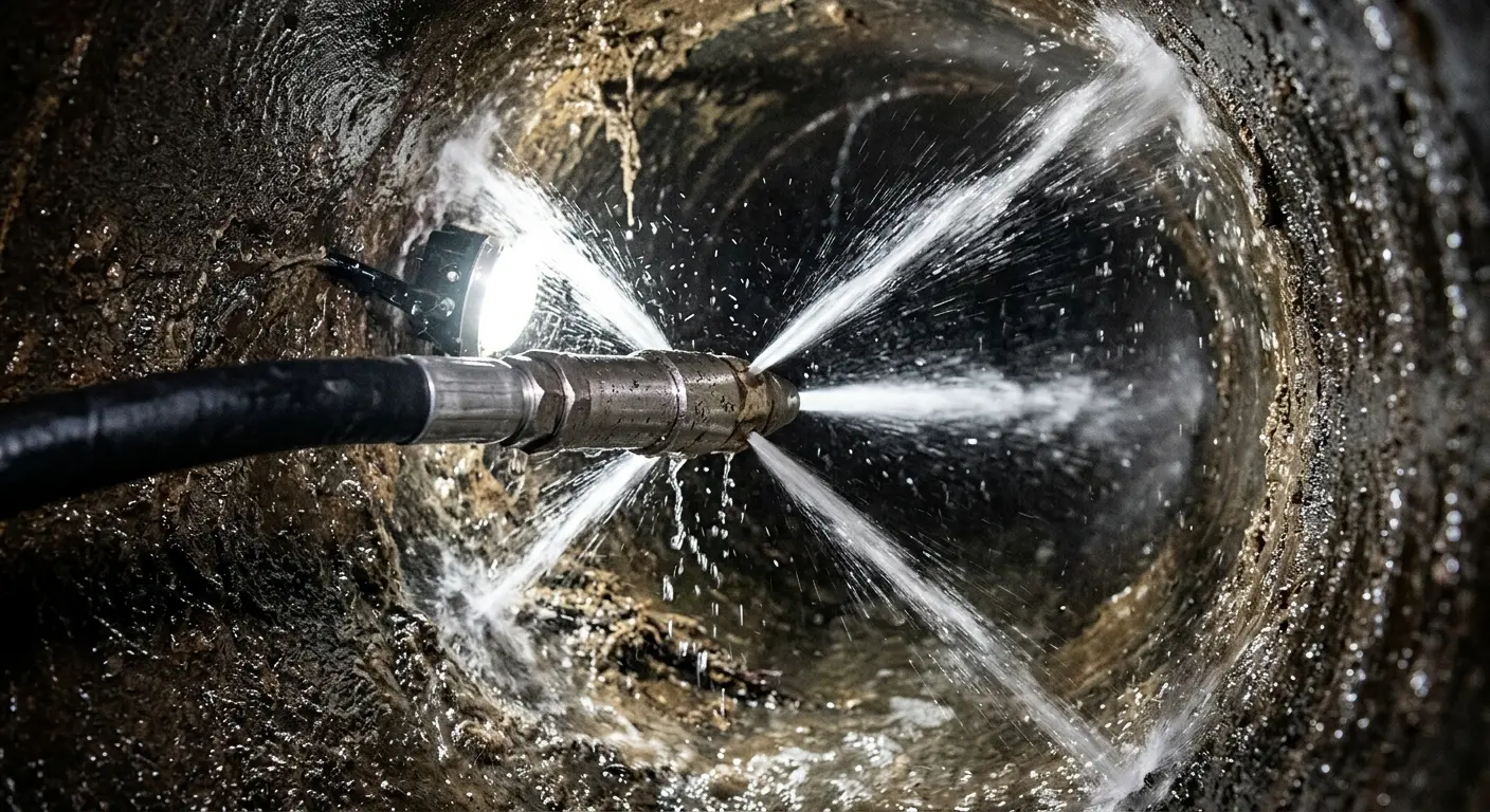 High-pressure hydro jetting nozzle cleaning sewer pipe for Emergency Drain Service in Badger