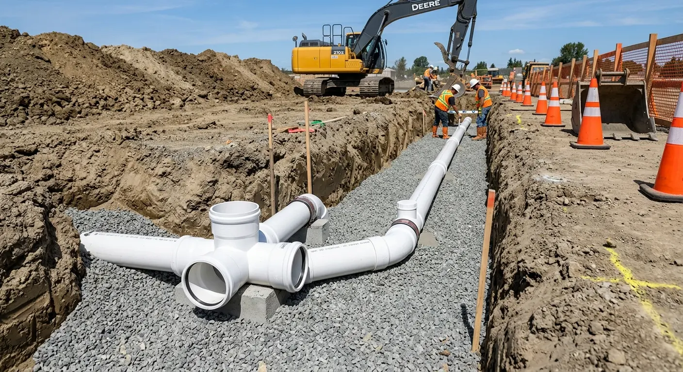 New PVC sewer pipe installation in open trench for Sewer Backup in Badger