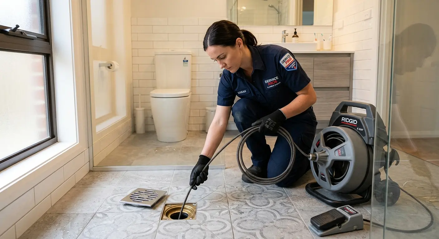 Technician clearing a bathroom floor drain for Drain Cleaning in Badger